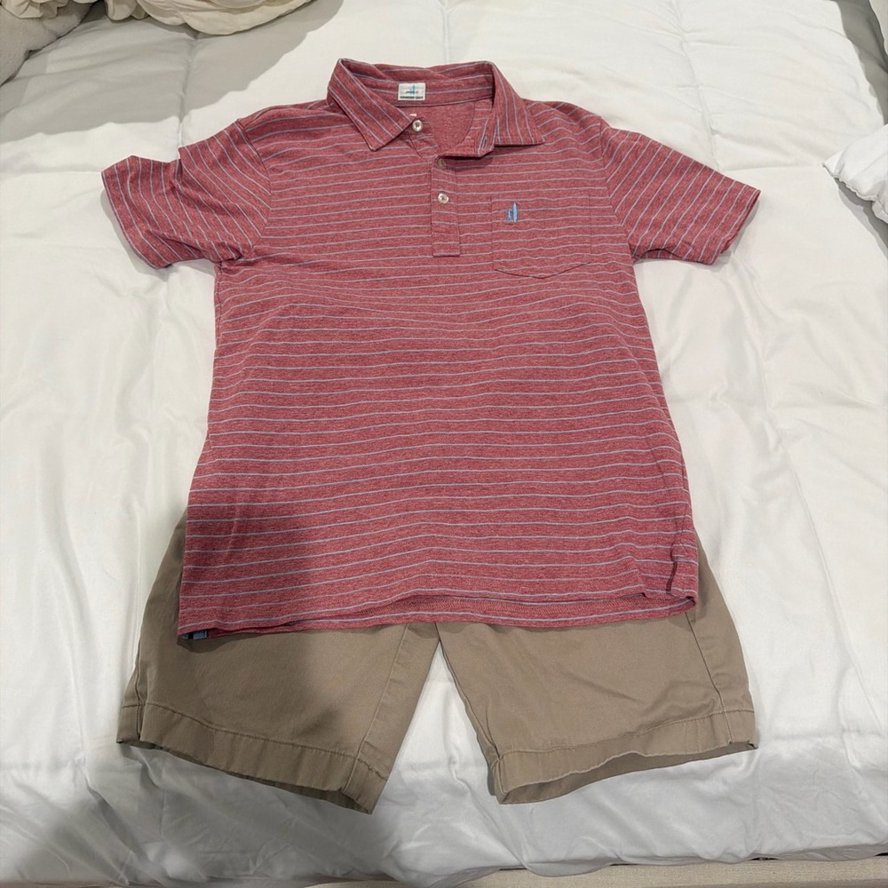 johnnie-O Red Striped Polo with Tan Shorts